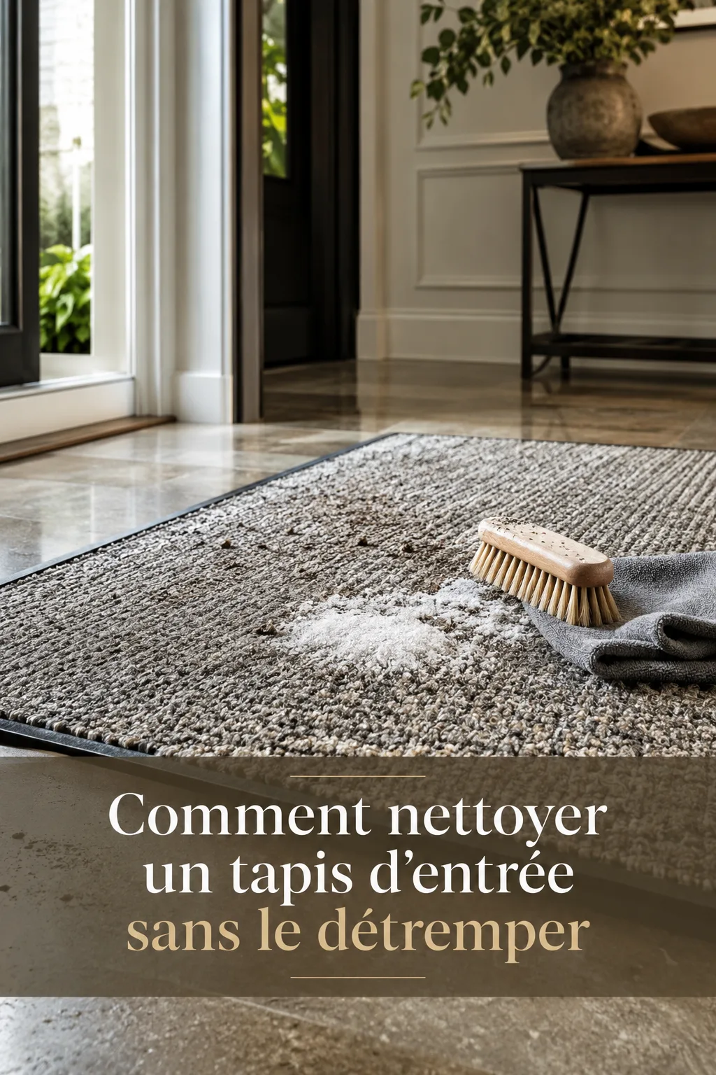 Tapis d'entrée nettoyé avec une brosse douce et un titre Pinterest expliquant comment le nettoyer sans le détremper