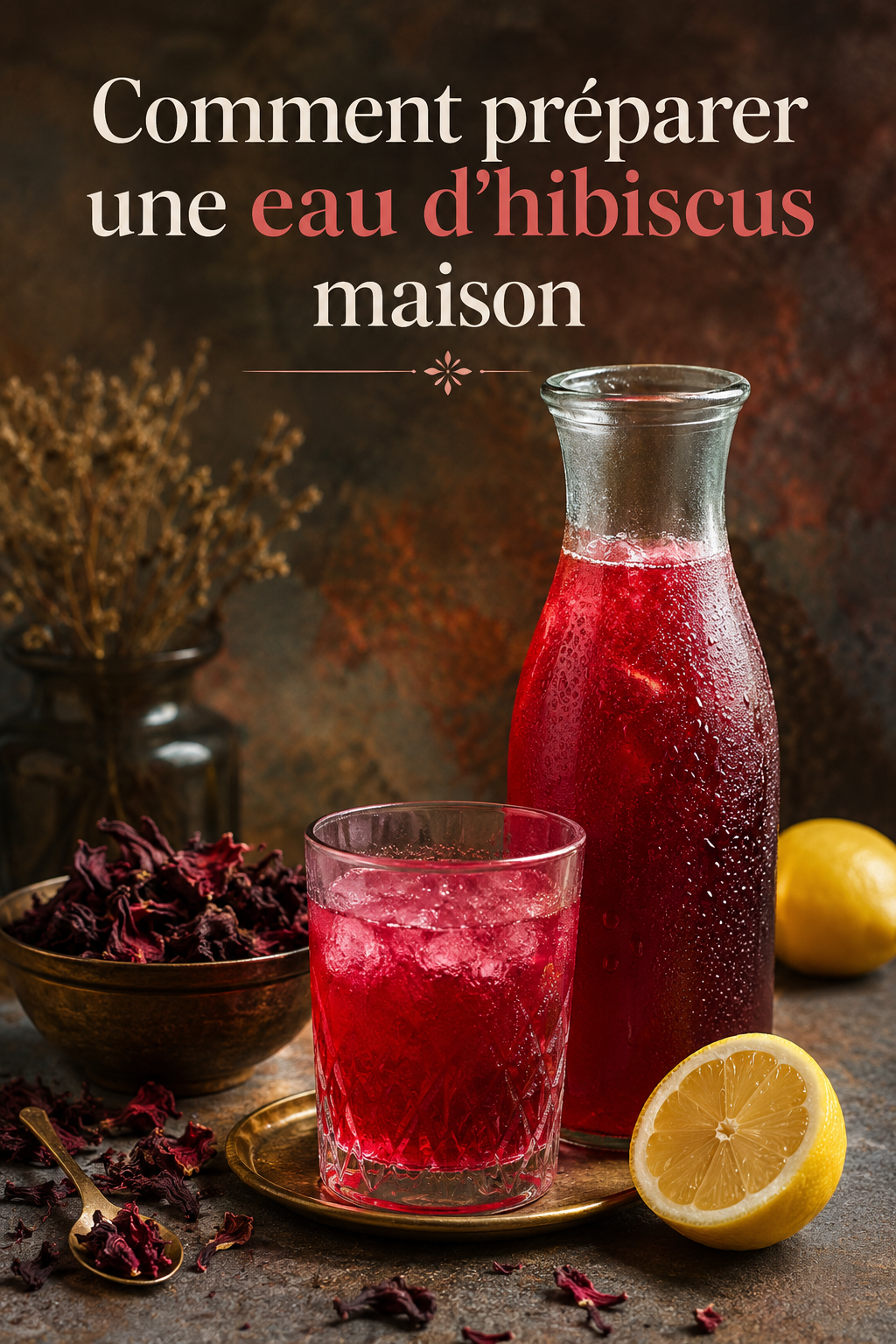 Image Pinterest avec carafe et titre Comment préparer une eau d'hibiscus maison