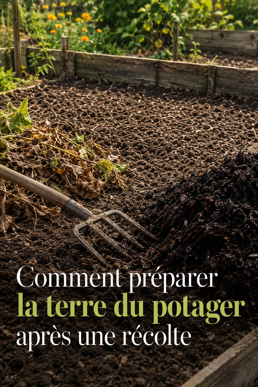 Terre de potager après récolte avec compost et titre Pinterest sur la préparation du sol