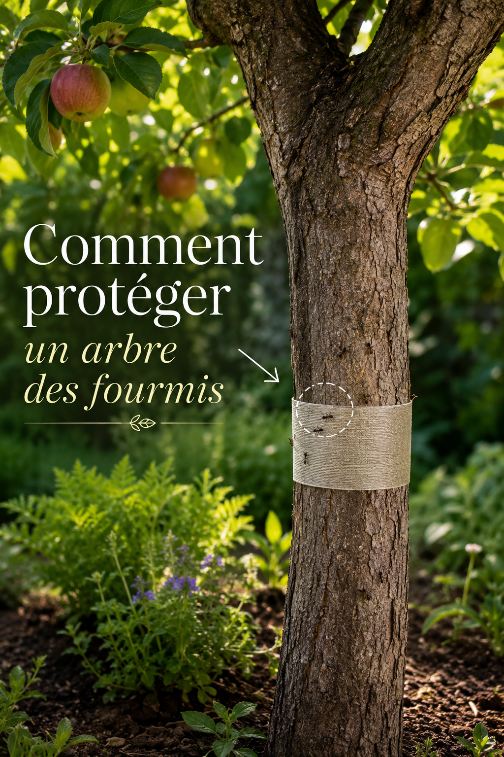 Visuel Pinterest montrant comment protéger un arbre des fourmis