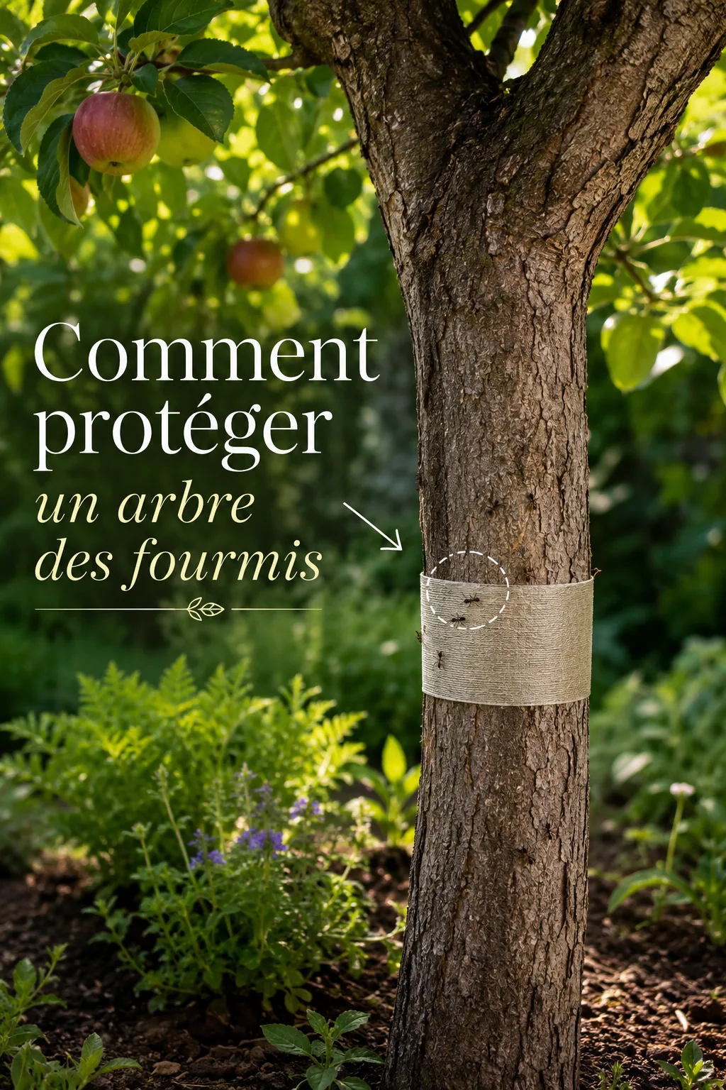 Visuel Pinterest montrant comment protéger un arbre des fourmis