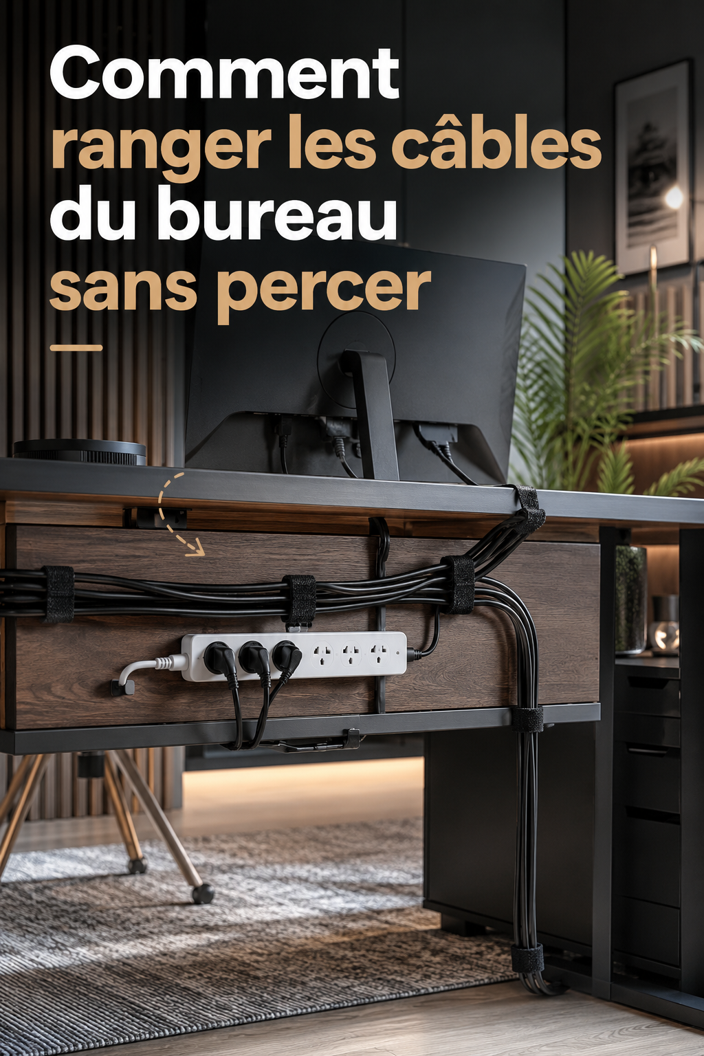 Visuel Pinterest expliquant comment ranger les câbles du bureau sans percer