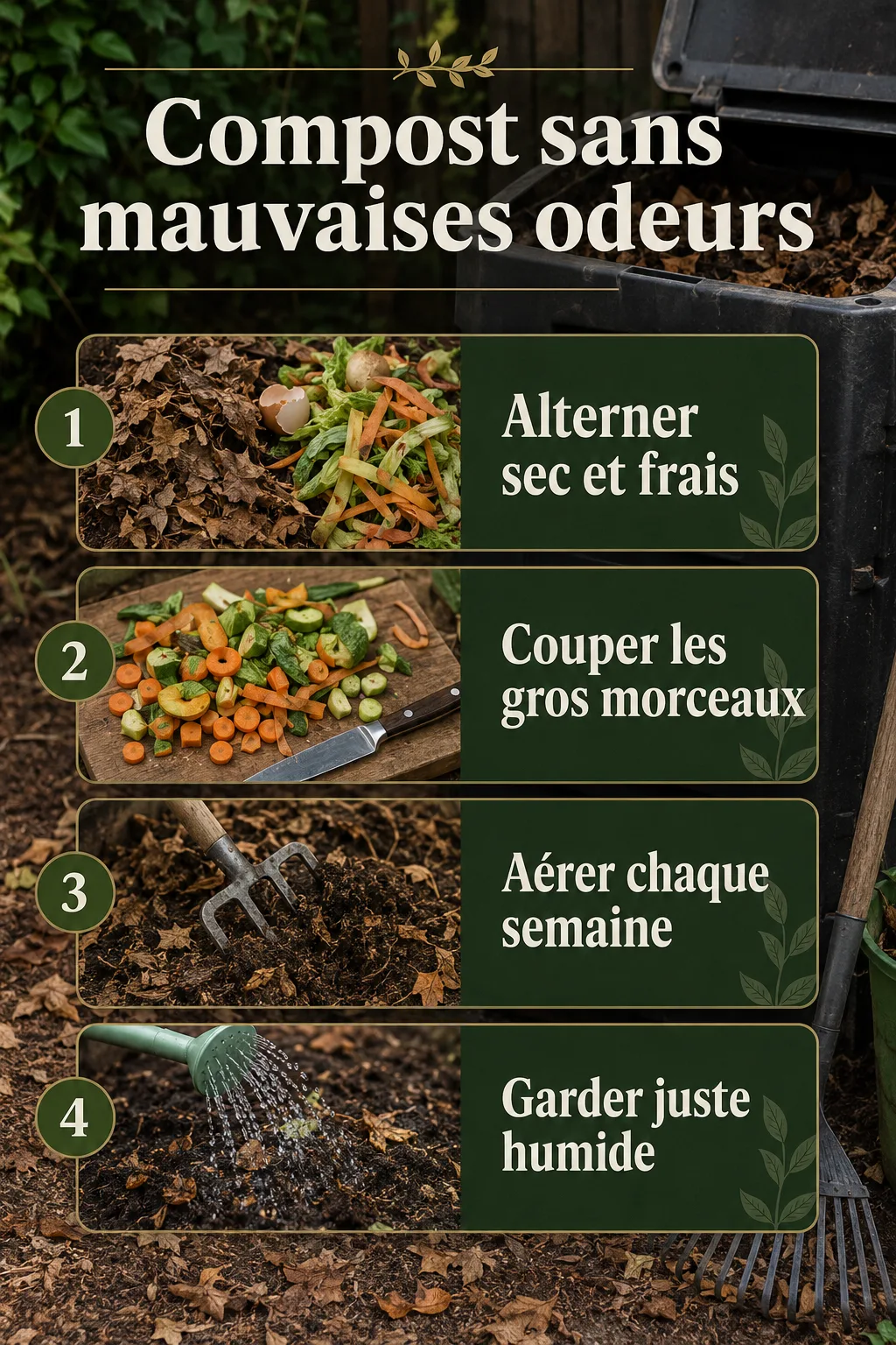 Infographie des gestes pour garder un compost sans mauvaises odeurs