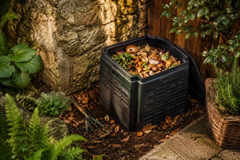 Composteur de jardin équilibré avec feuilles sèches et épluchures