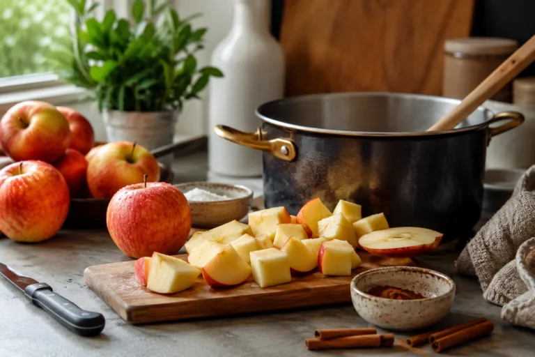 Pommes coupees et casserole pour preparer une compote sans sucre