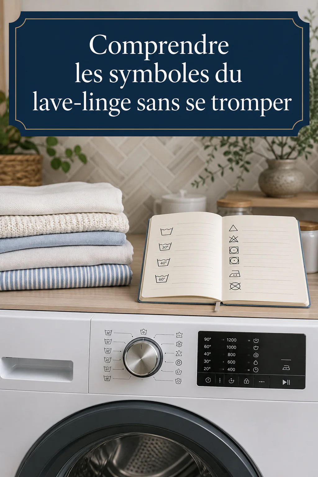Visuel Pinterest avec panneau de lave-linge et le titre Comprendre les symboles du lave-linge sans se tromper