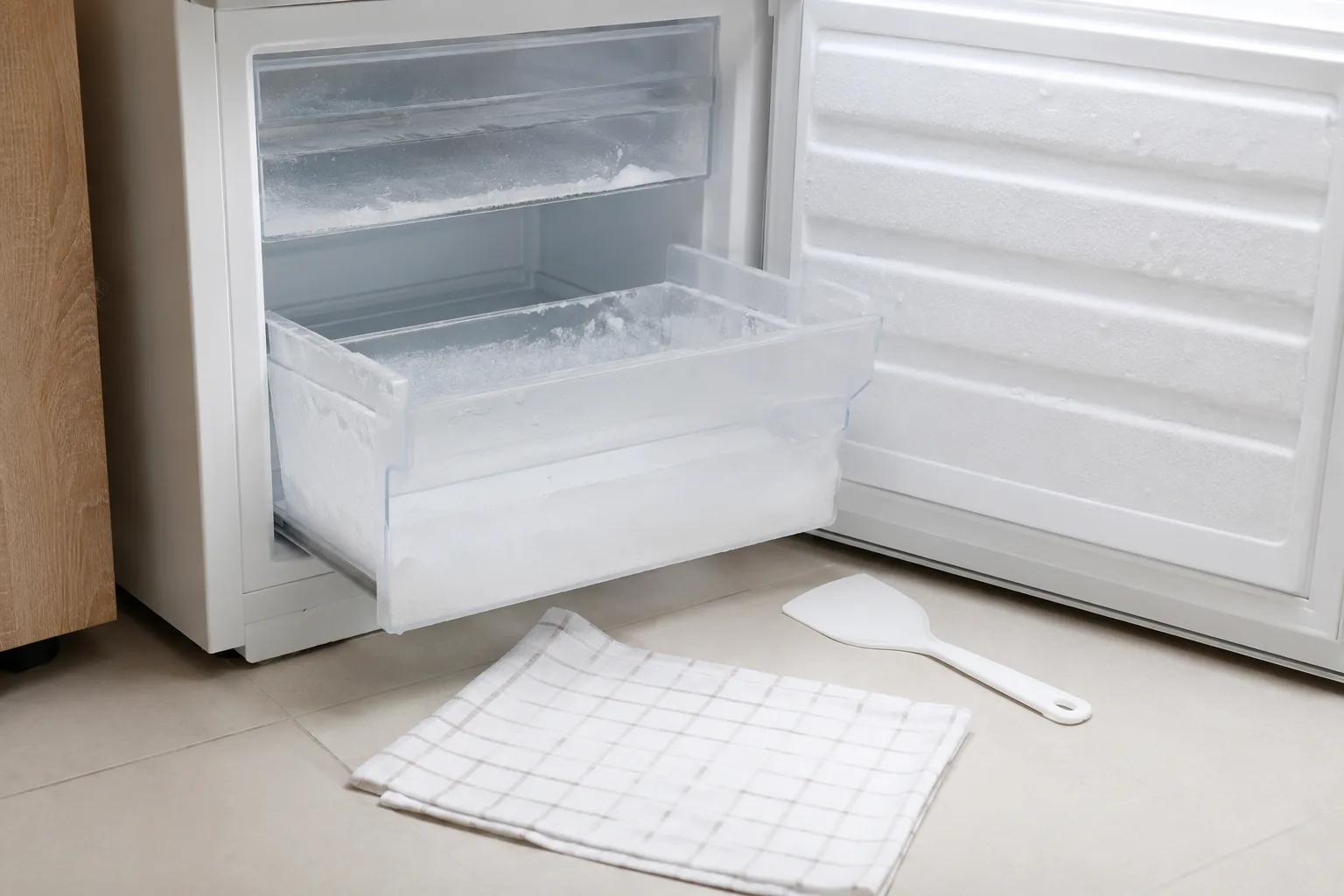 Congélateur ouvert avec givre visible sur les parois