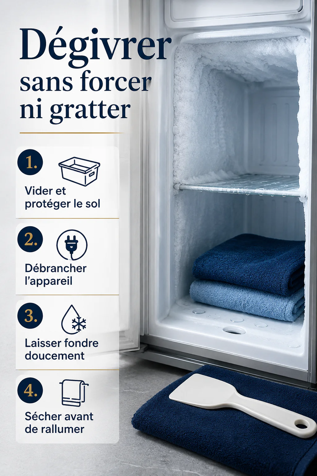 Infographie des étapes pour dégivrer un congélateur sans forcer