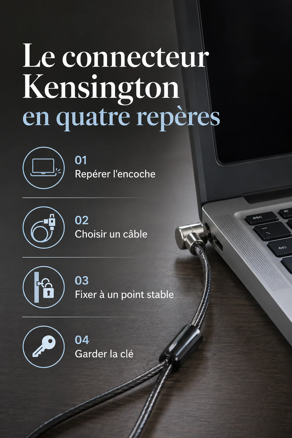 Infographie des repères pour utiliser un connecteur Kensington