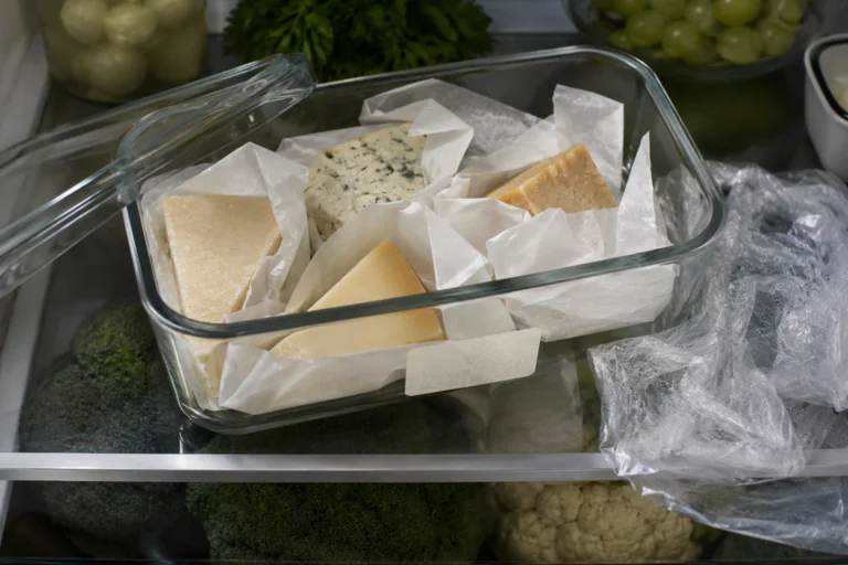 Fromages ouverts emballés séparément dans du papier sulfurisé au réfrigérateur