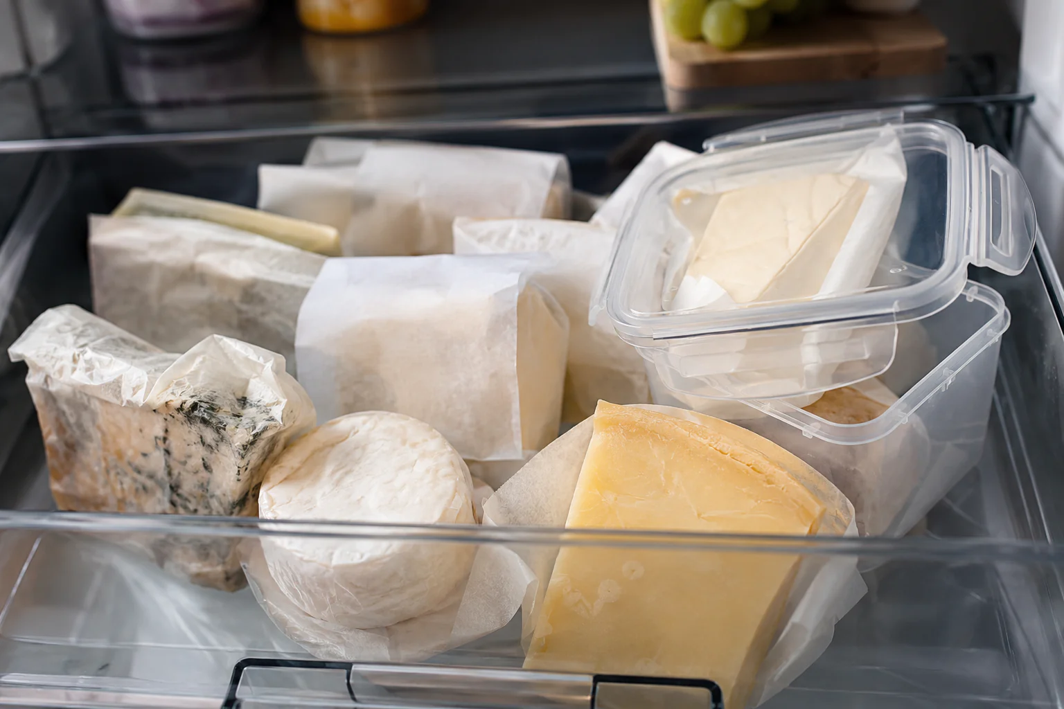 Fromages bien emballés dans un réfrigérateur propre pour limiter la moisissure