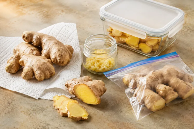 Gingembre frais avec boîte hermétique, bocal et sachet de congélation