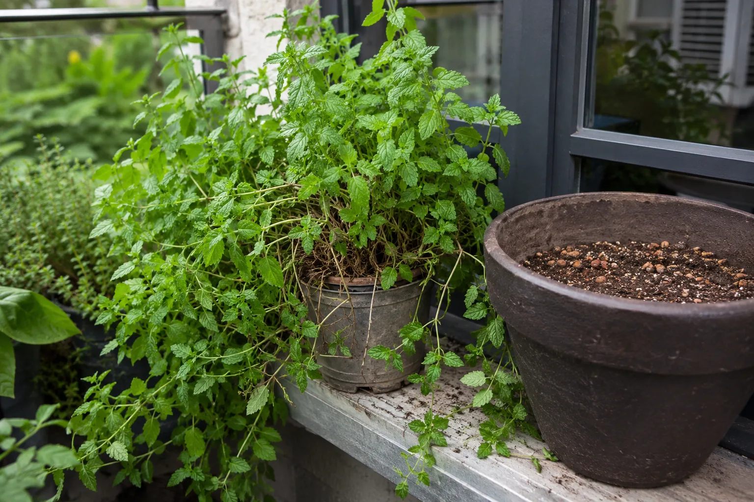 Menthe en pot vigoureuse à contrôler sur un balcon