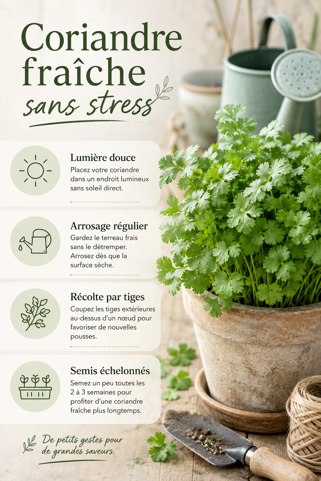 Infographie des conseils pour garder une coriandre fraîche en pot