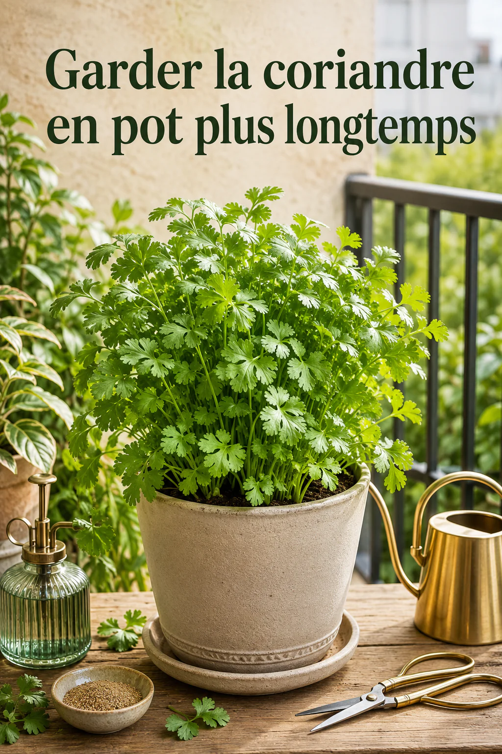 Image Pinterest avec le titre Garder la coriandre en pot plus longtemps