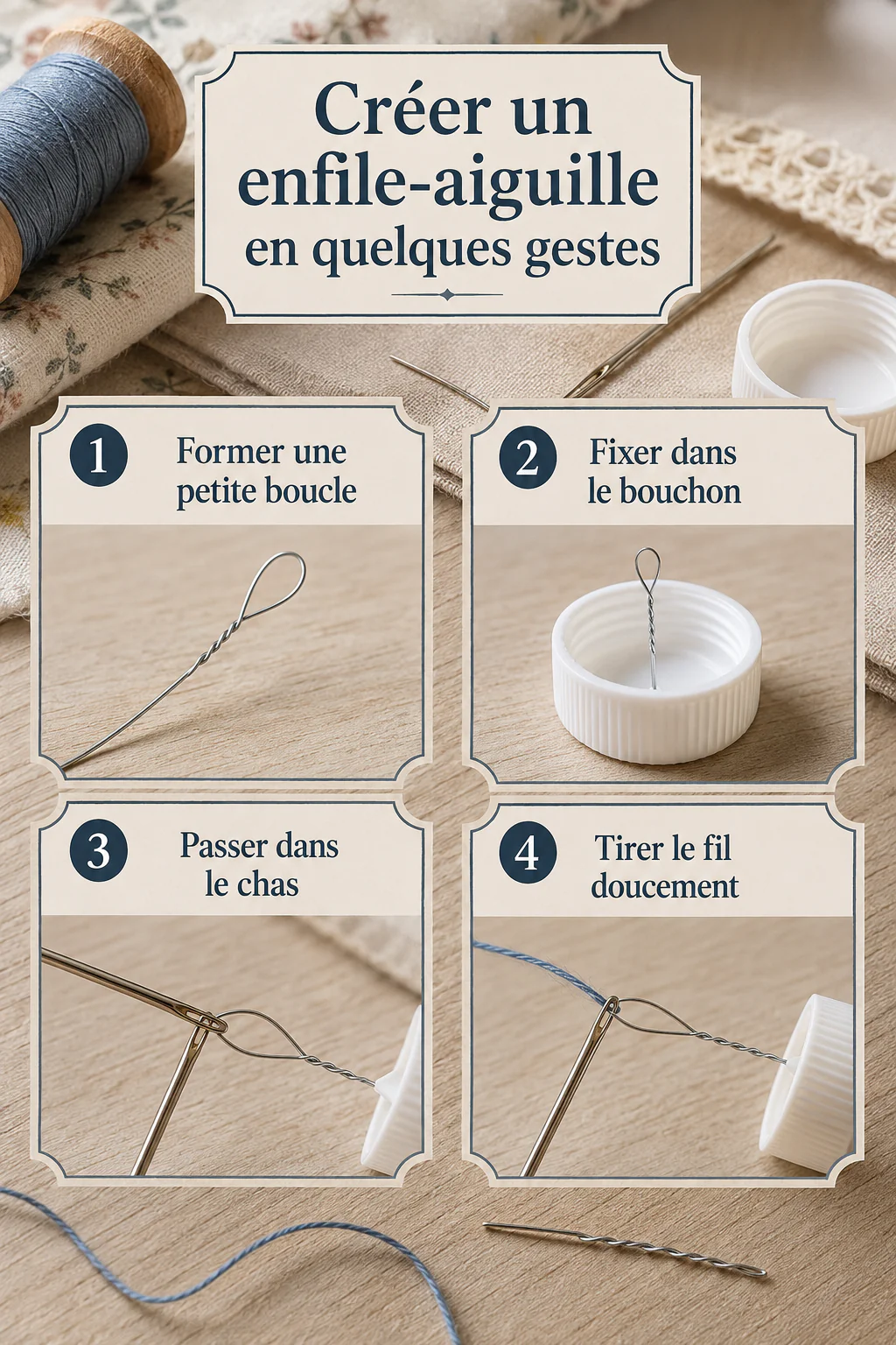 Infographie montrant les étapes pour créer un enfile-aiguille avec un bouchon et une boucle métallique