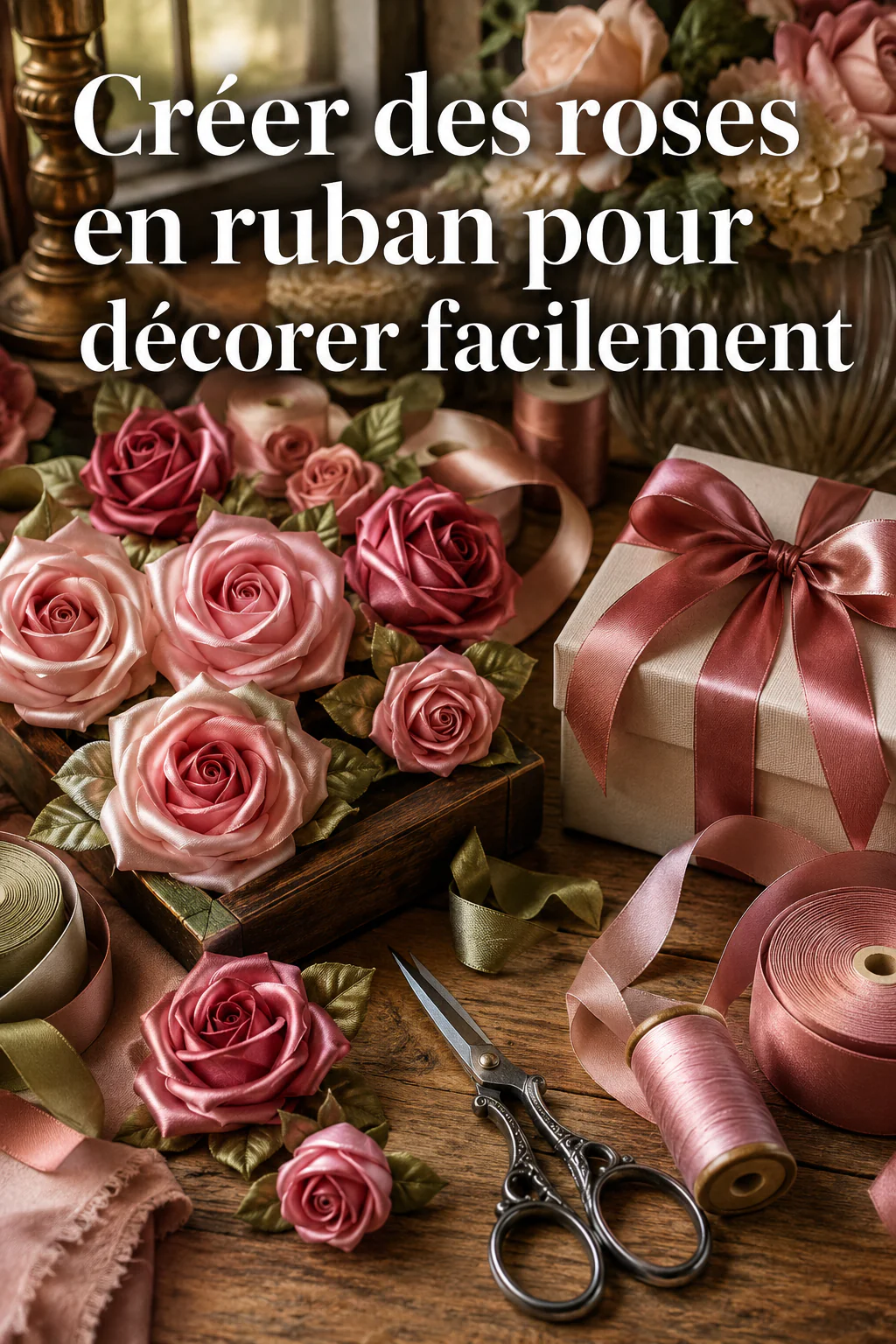 Visuel Pinterest avec titre Créer des roses en ruban pour décorer facilement