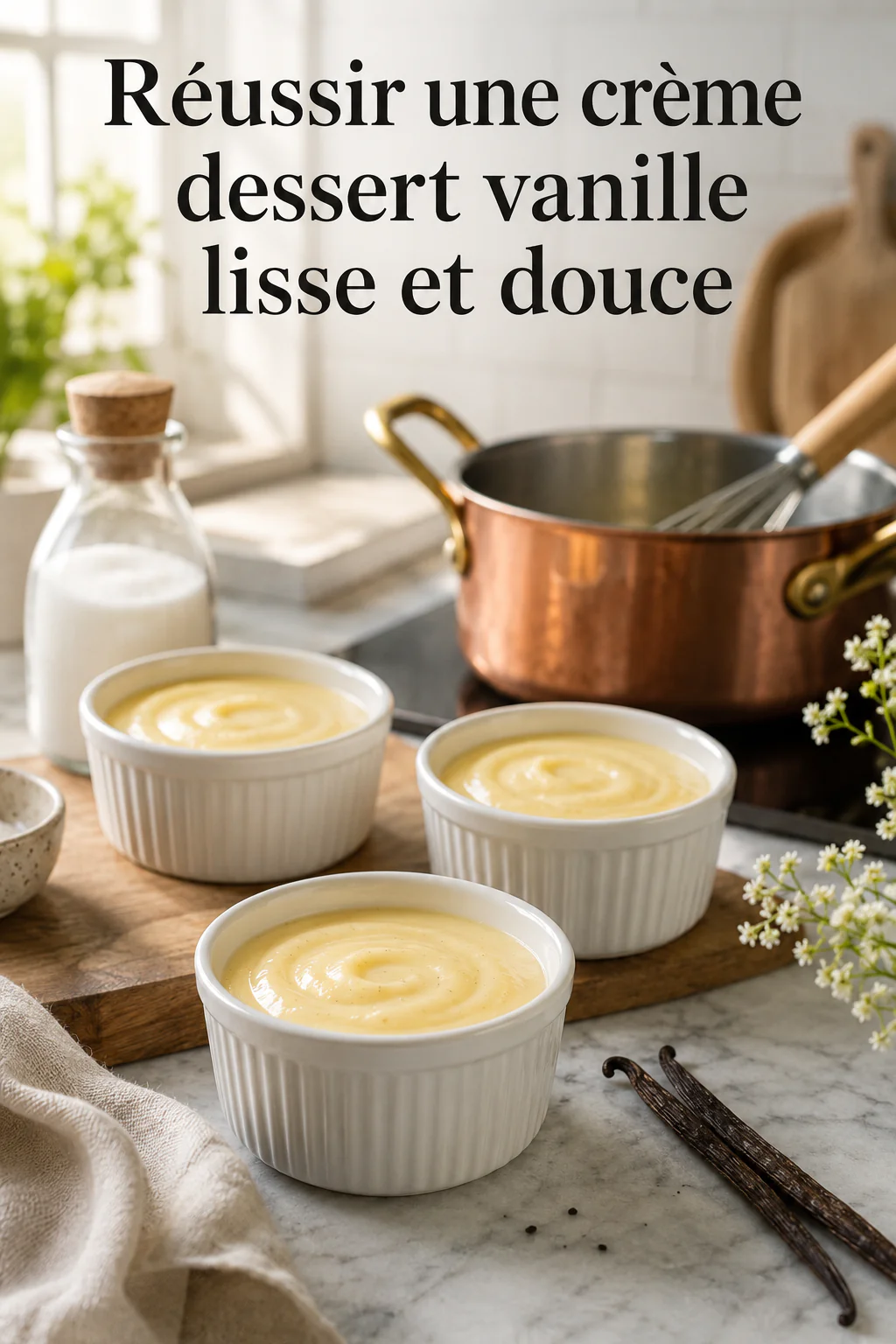 Image Pinterest avec le titre Réussir une crème dessert vanille lisse et douce