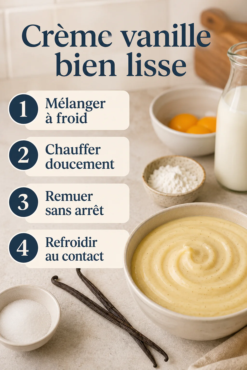 Infographie des étapes pour préparer une crème vanille bien lisse