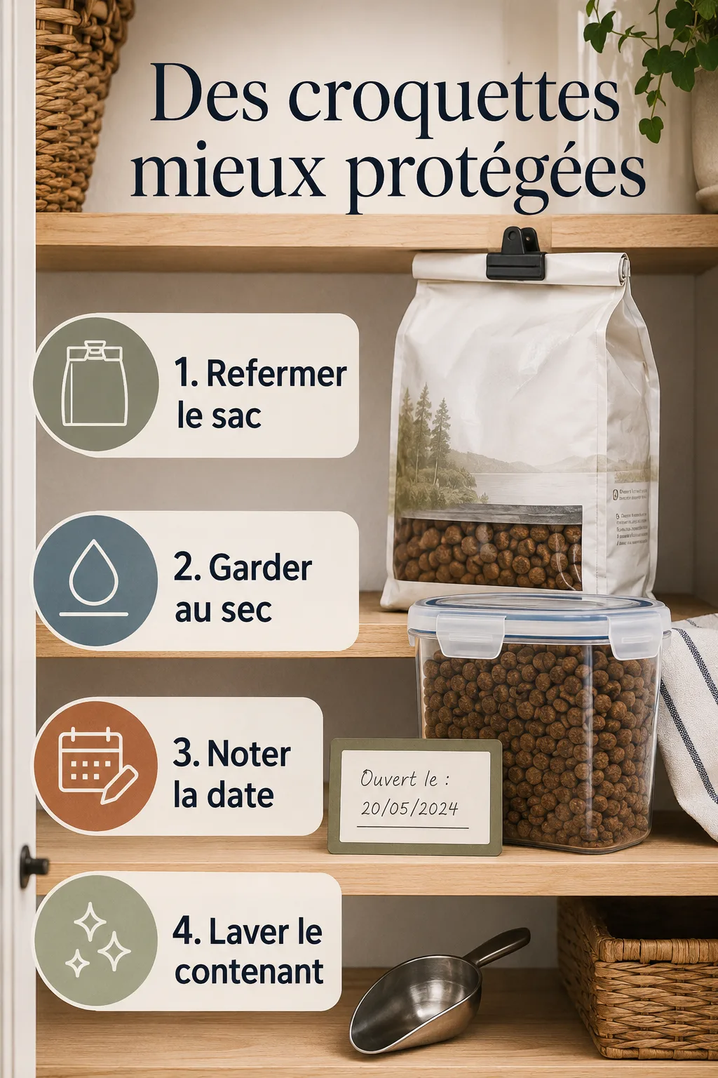 Infographie étapes pour mieux conserver les croquettes
