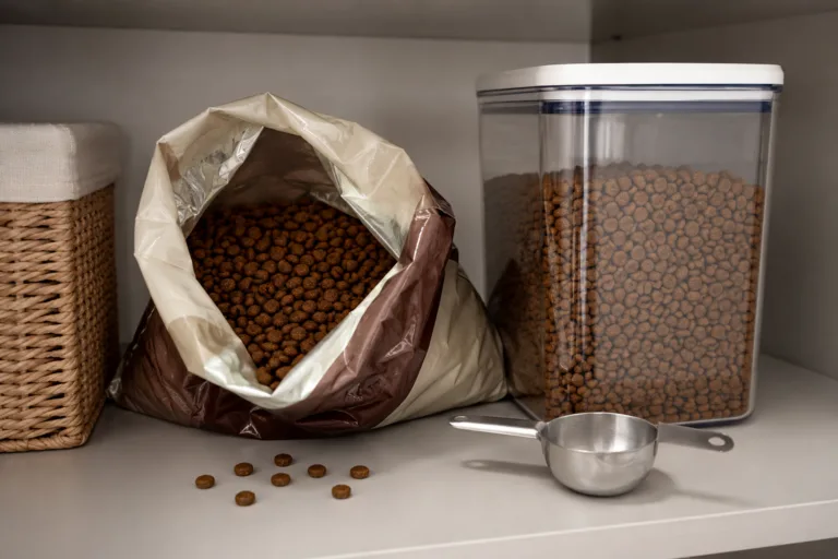 Sac de croquettes mal fermé près d'un contenant hermétique