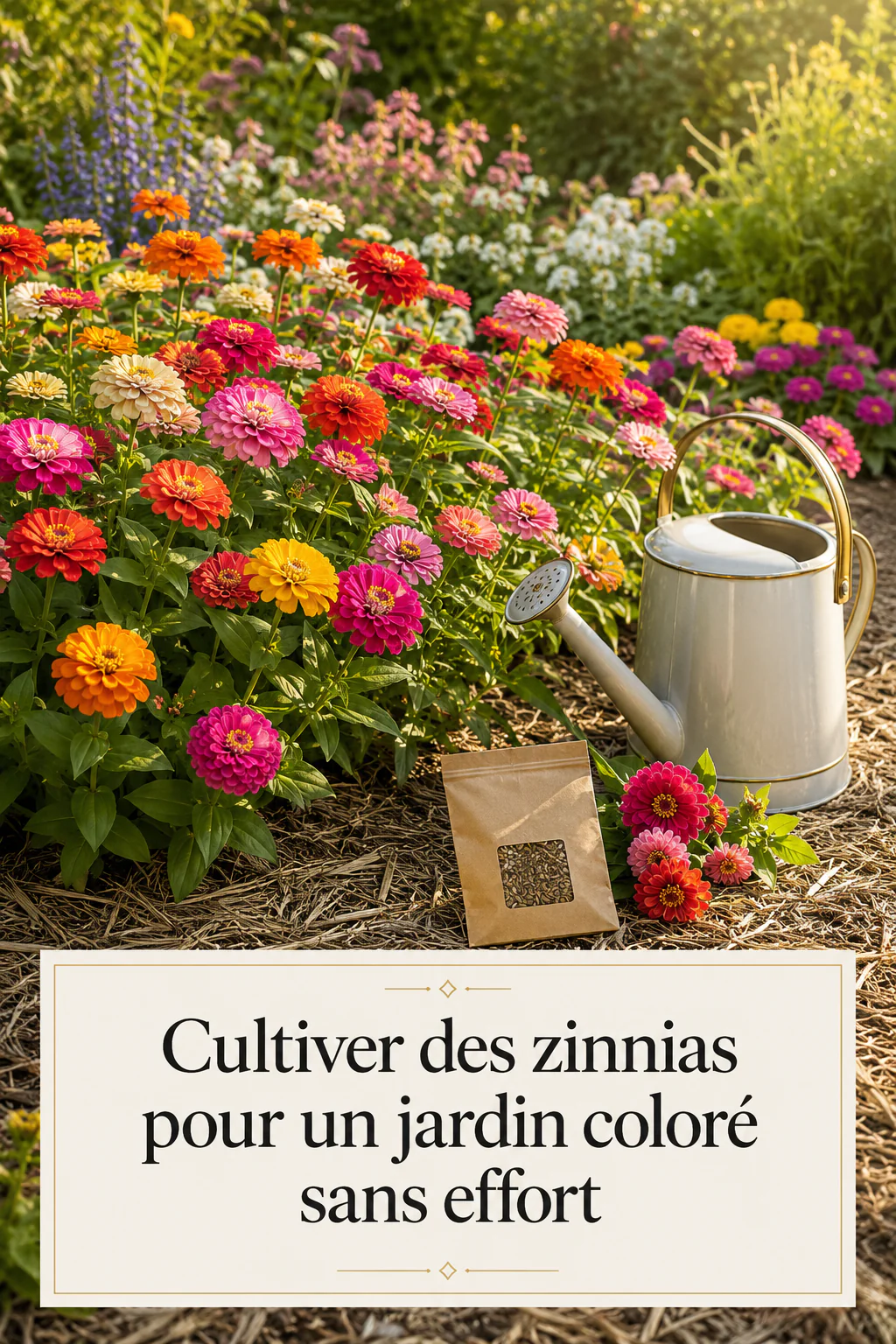 Visuel Pinterest avec zinnias et le titre Cultiver des zinnias pour un jardin coloré sans effort