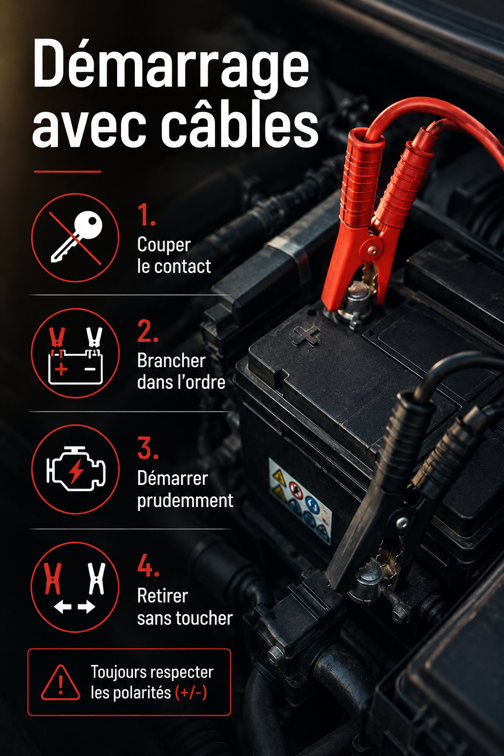 Infographie des étapes pour démarrer une voiture avec des câbles