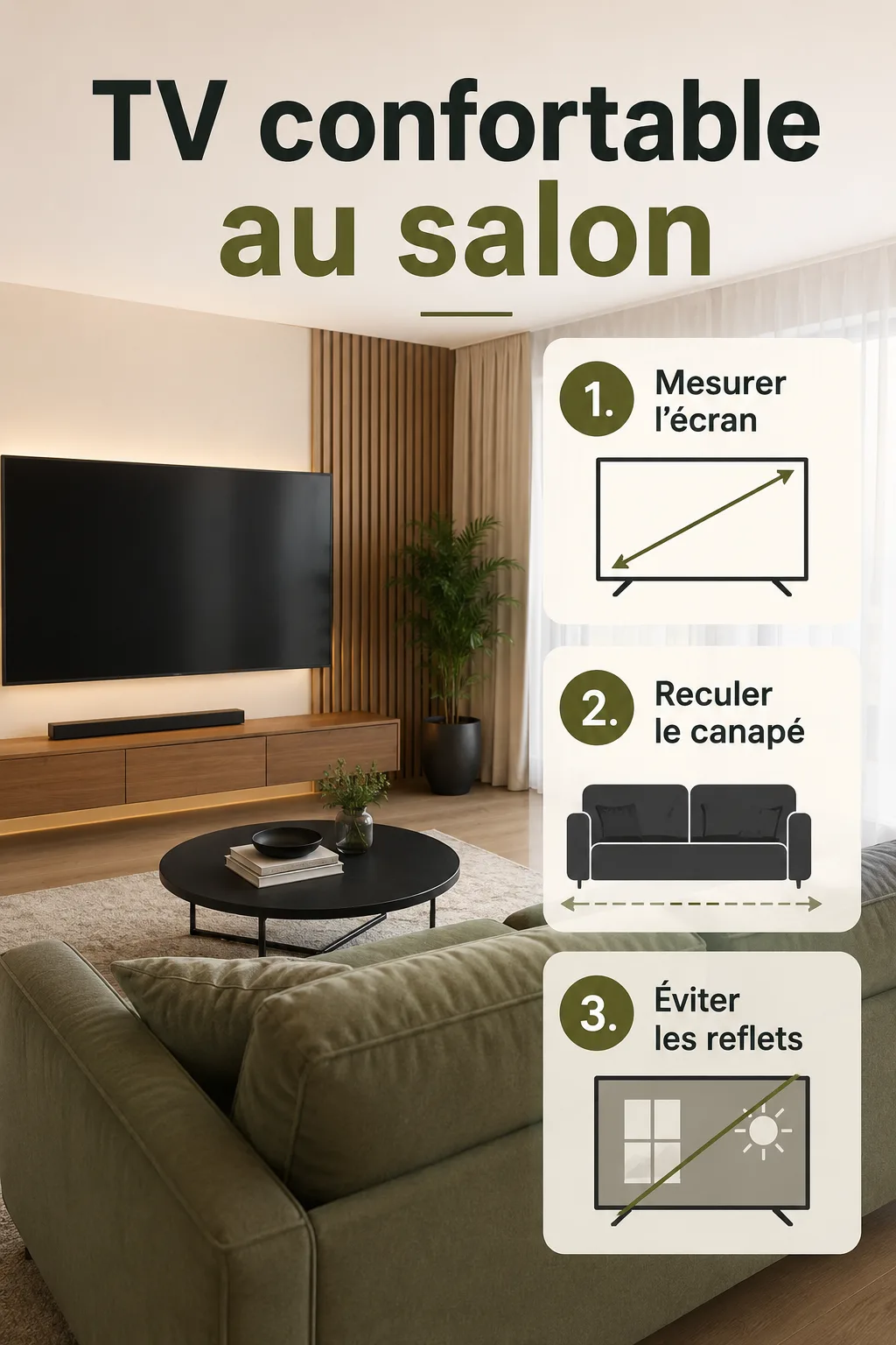 Infographie avec trois etapes pour regler la distance TV