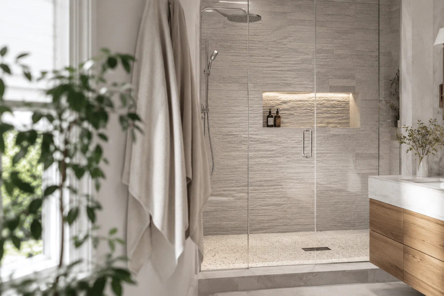 Salle de bains élégante avec douche et serviette pour illustrer le choix entre douche du matin et douche du soir