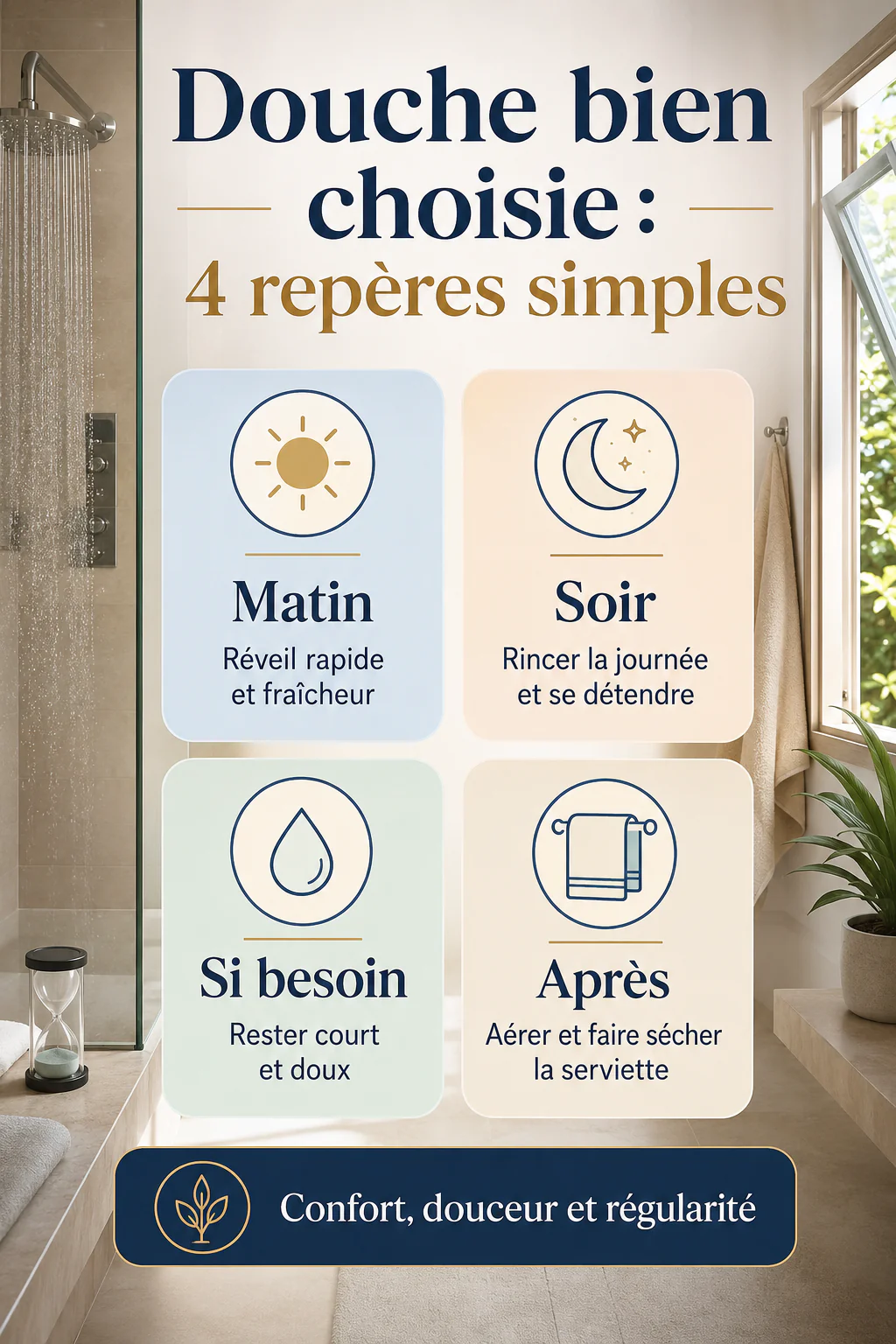 Infographie avec des repères simples pour choisir entre une douche le matin ou le soir