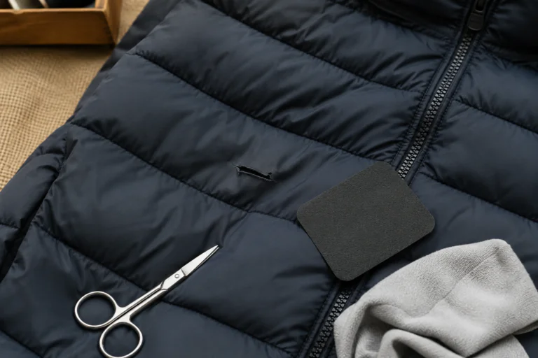Petite déchirure sur une doudoune avec patch de réparation discret