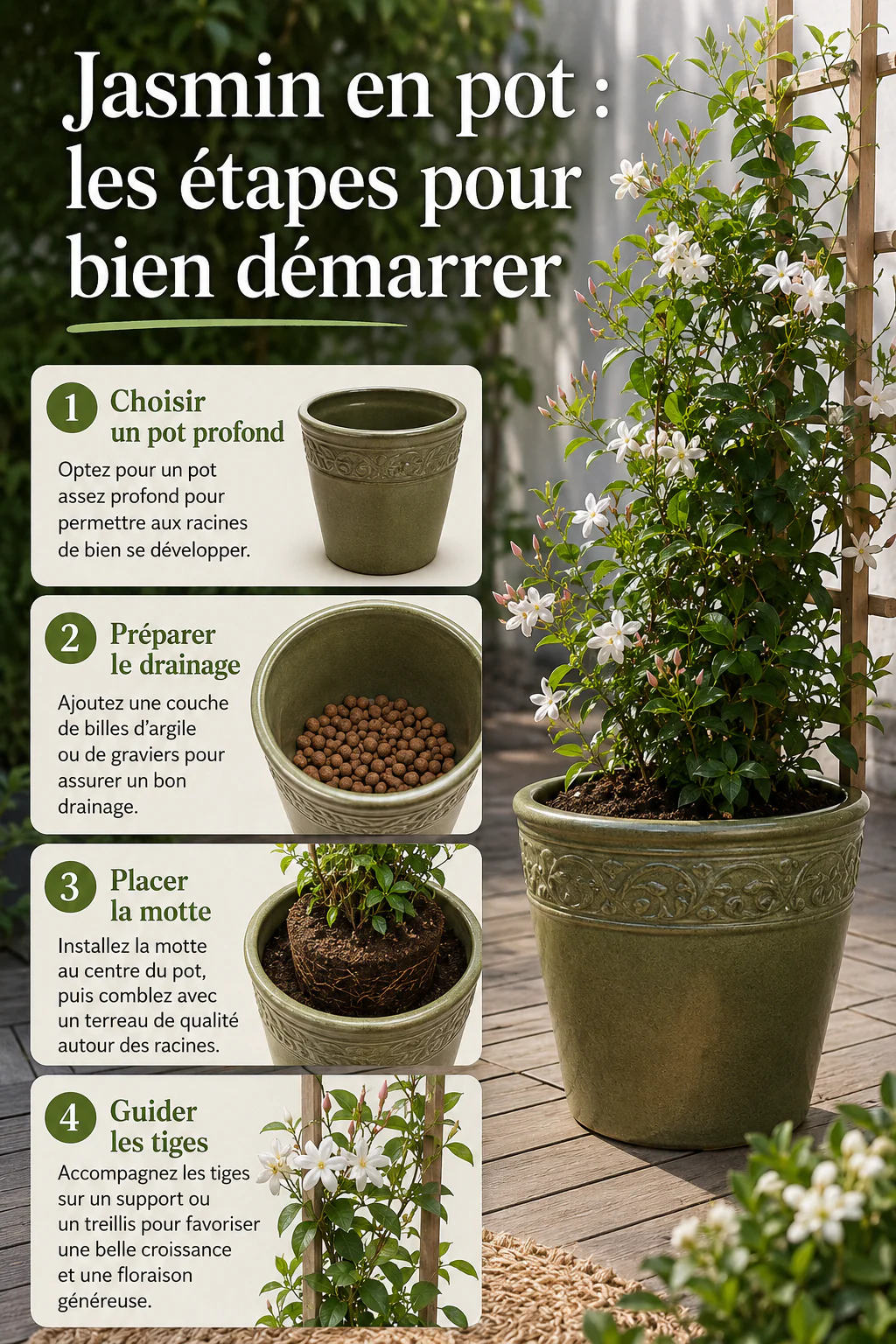 Infographie des étapes pour planter un jasmin en pot