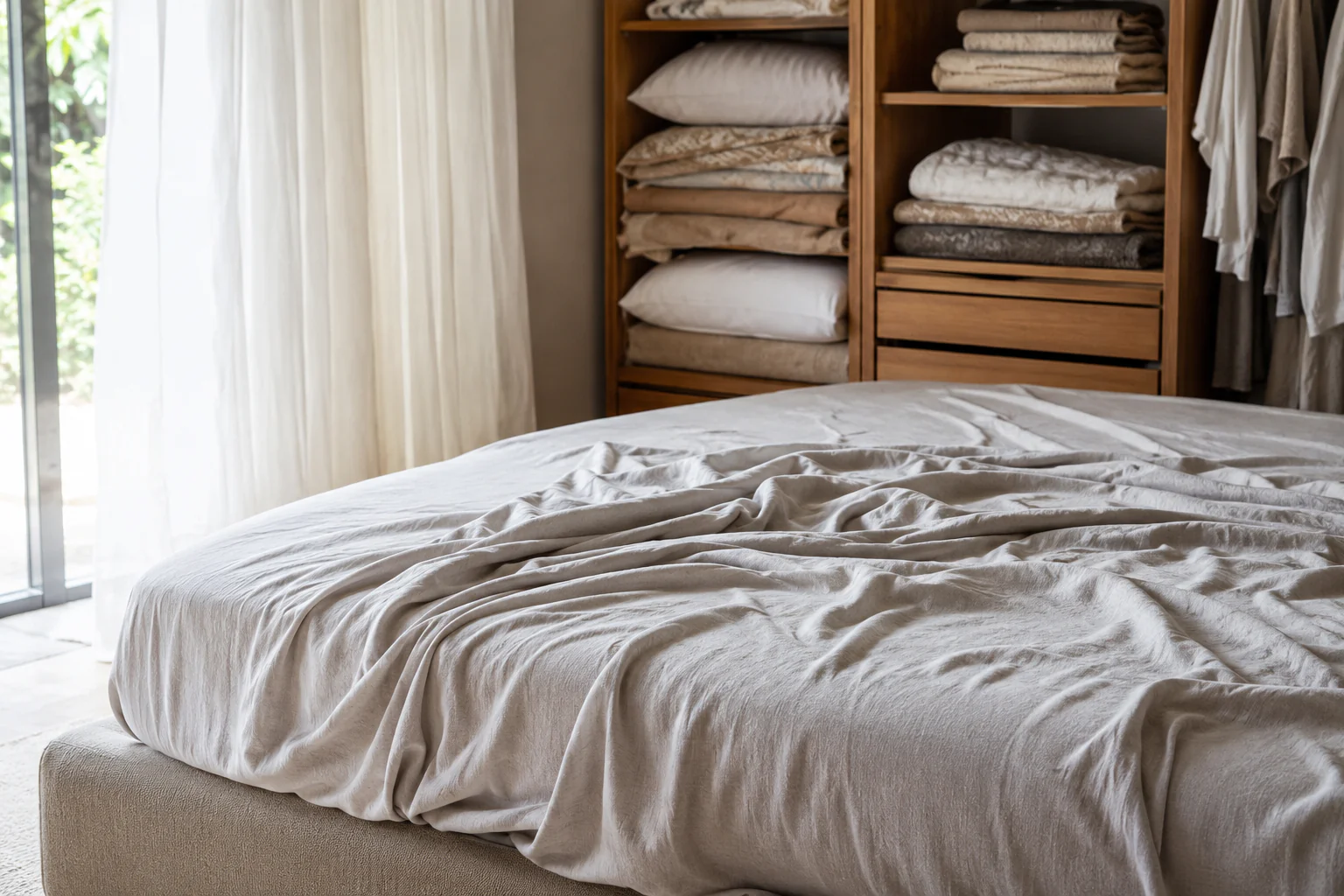 Drap-housse froissé avant pliage et rangement