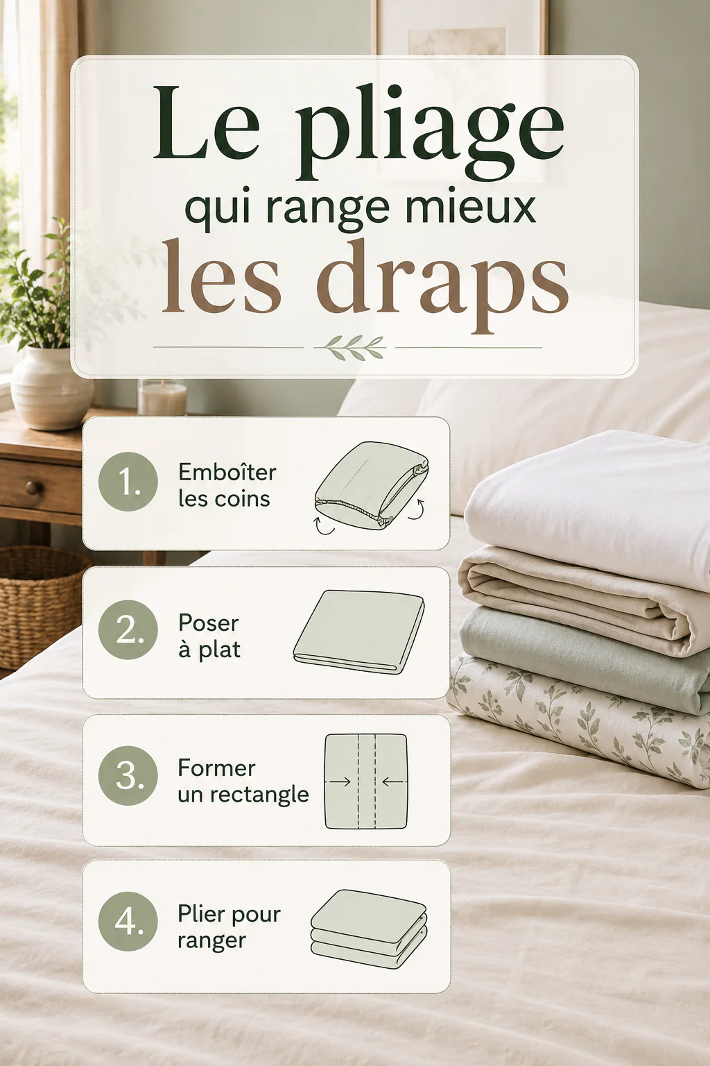 Infographie avec les étapes pour plier et ranger un drap-housse