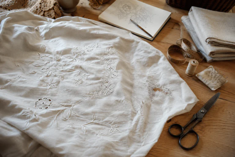 Vieux drap brodé posé sur une table de couture avec accessoires