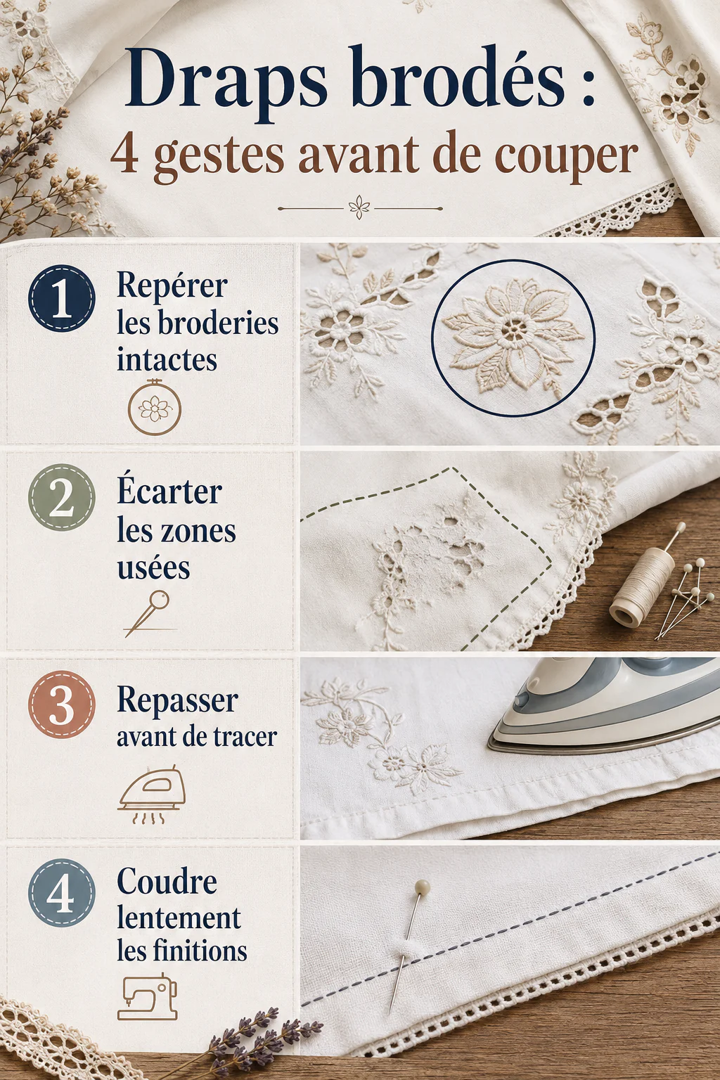 Infographie avec quatre gestes pour réutiliser des draps brodés sans abîmer les broderies