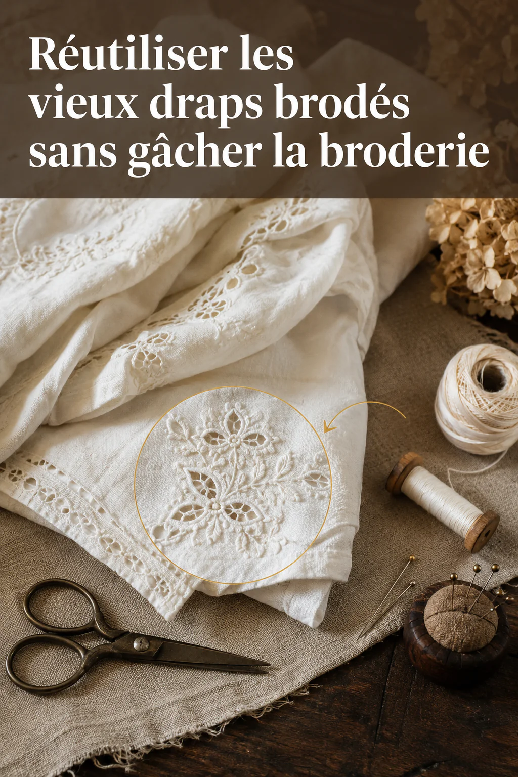 Image titre avec vieux draps brodés et repère sur une broderie intacte