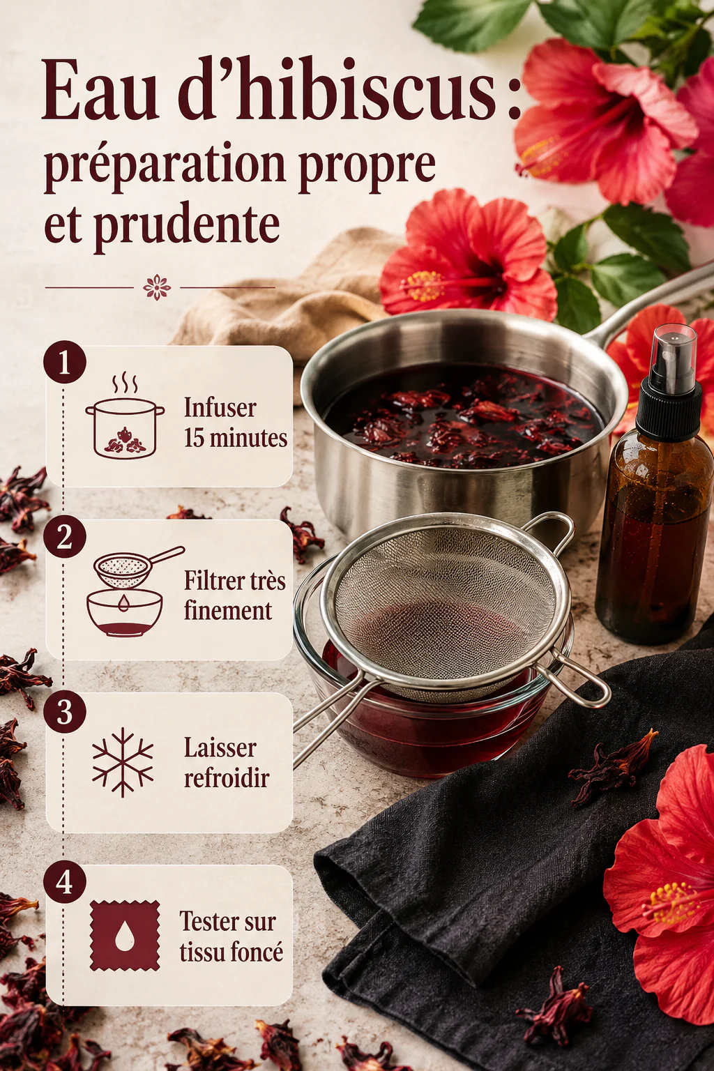 Infographie des étapes pour préparer une eau d’hibiscus maison