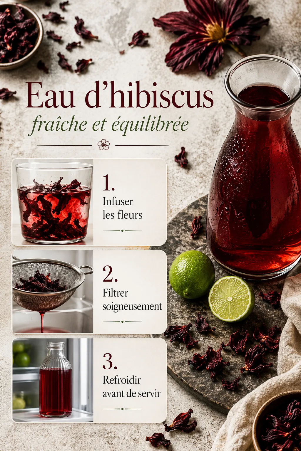 Infographie des étapes pour préparer une eau d'hibiscus maison