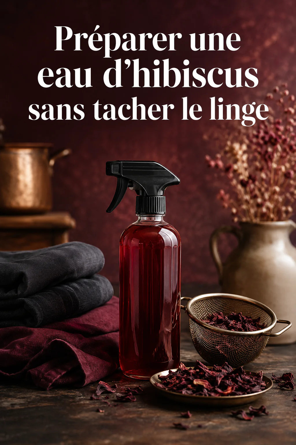 Visuel Pinterest expliquant comment préparer une eau d’hibiscus sans tacher le linge