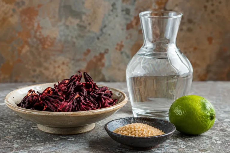 Fleurs d'hibiscus séchées et ingrédients pour préparer une eau d'hibiscus maison