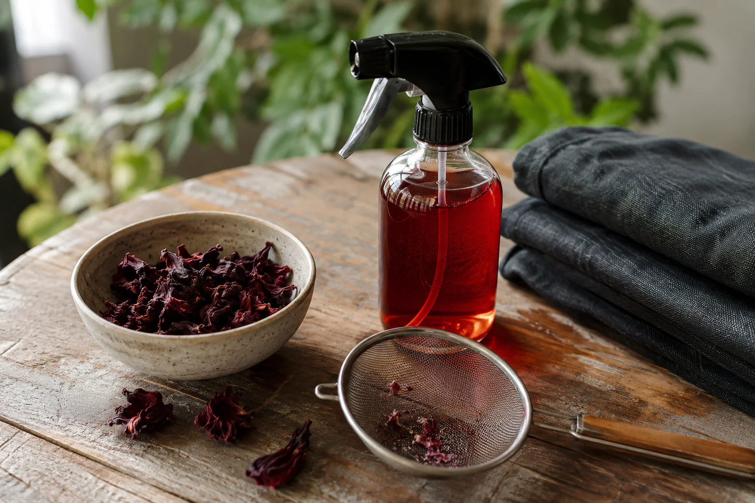 Flacon d’eau d’hibiscus maison avec fleurs séchées et linge foncé