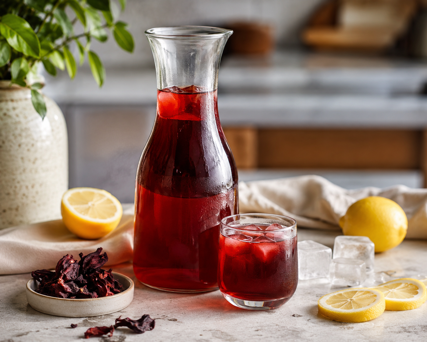 Carafe d'eau d'hibiscus maison avec fleurs séchées et citron