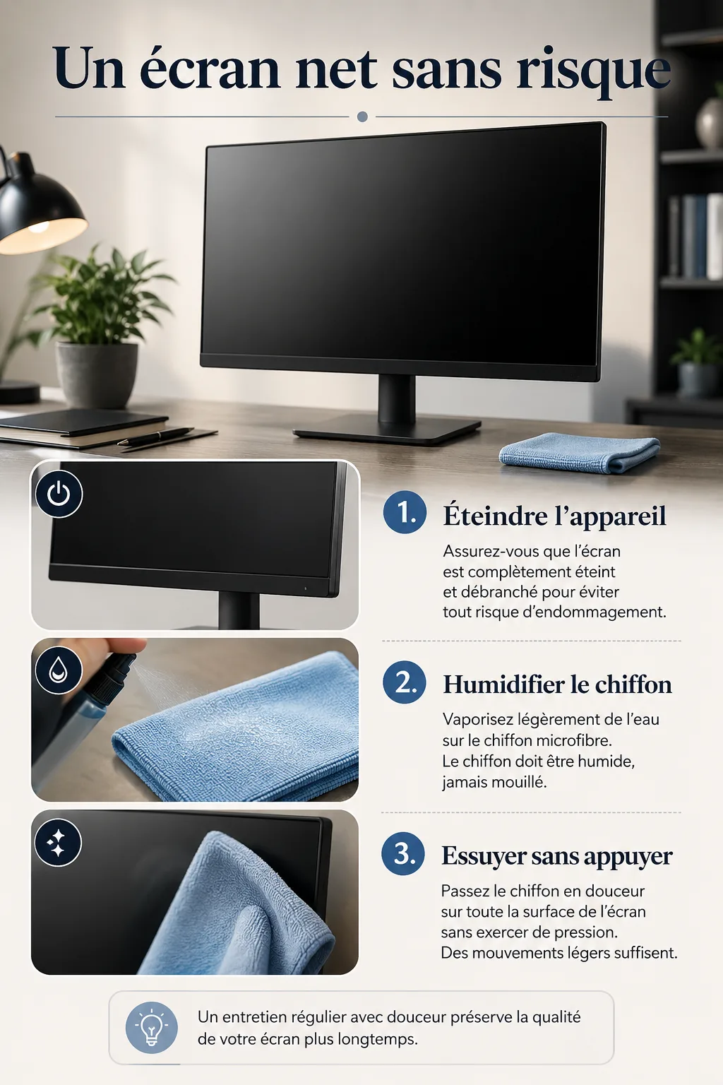 Infographie des étapes pour nettoyer un écran sans risque