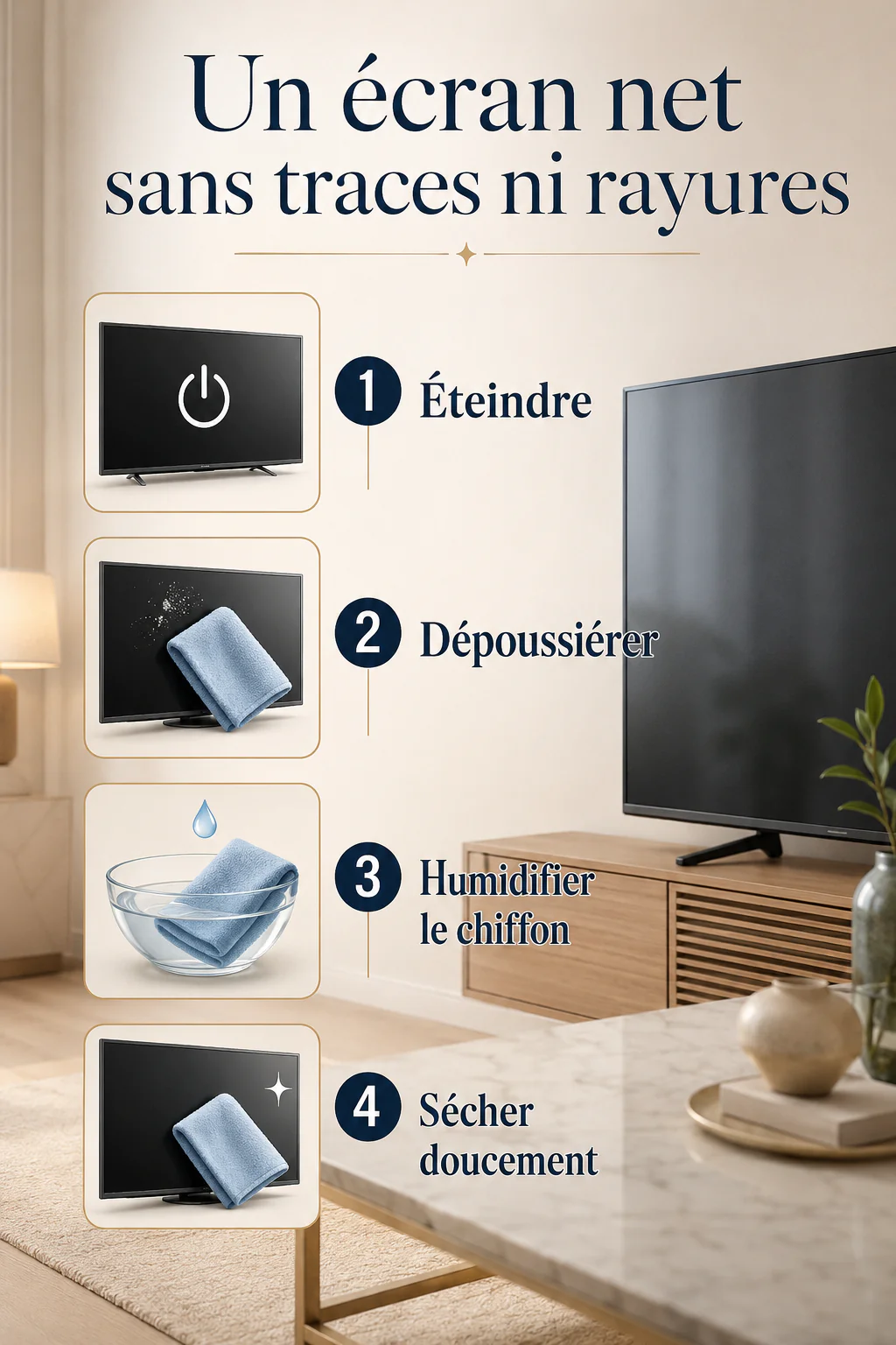 Infographie des étapes pour nettoyer un écran de télévision sans traces ni rayures