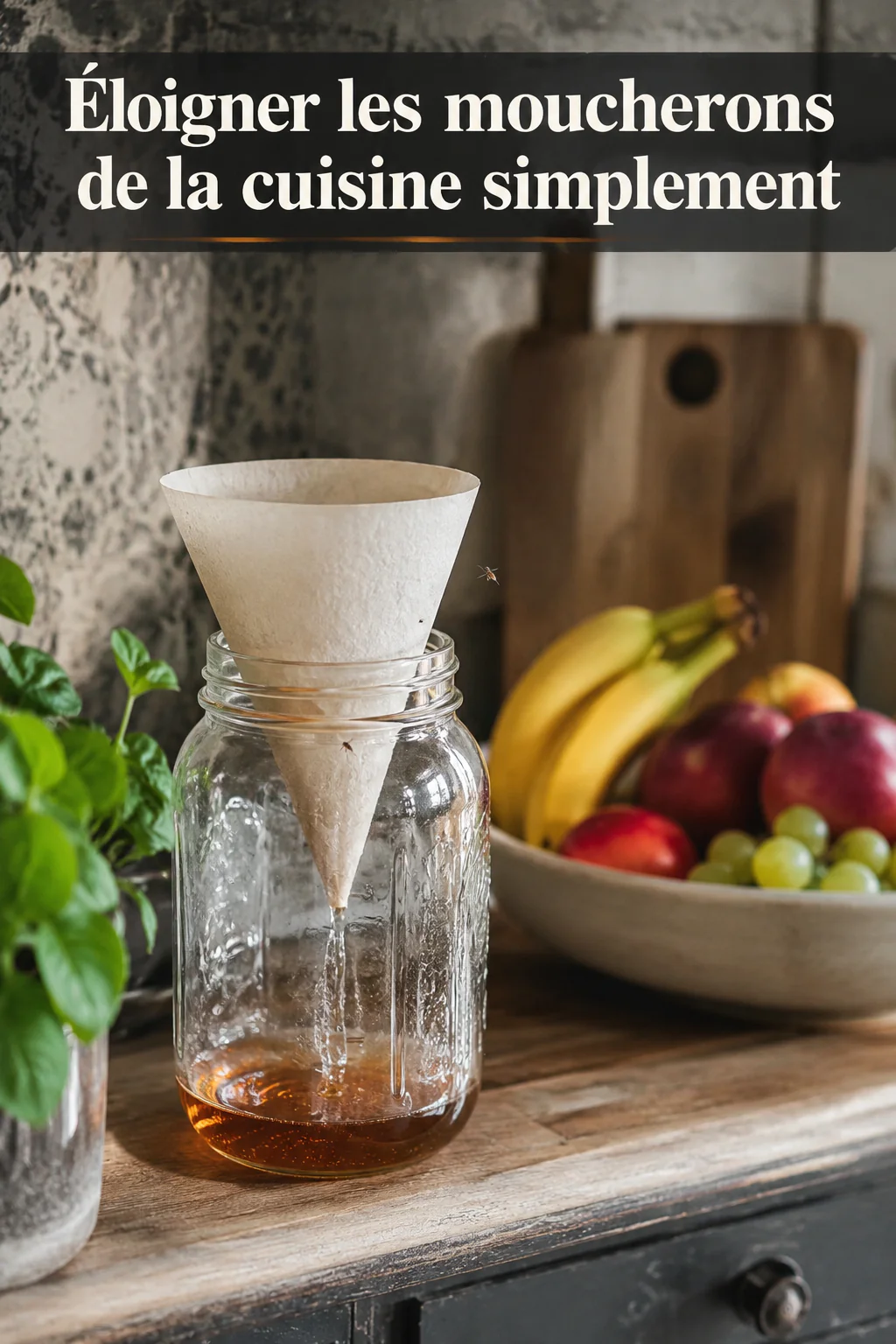 Visuel Pinterest montrant un piège en bocal pour éloigner les moucherons de la cuisine