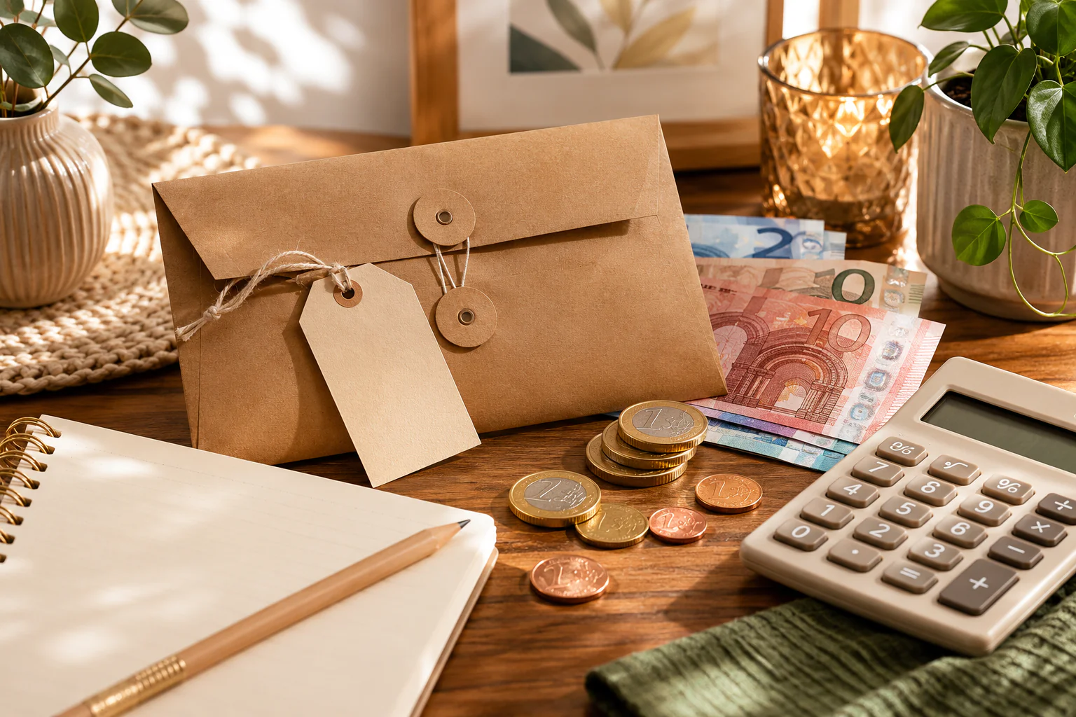 Enveloppe budget avec billets, pièces, carnet et calculatrice pour suivre les dépenses variables