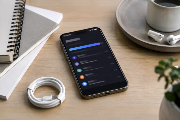 Smartphone affichant un écran de stockage stylisé sur un bureau