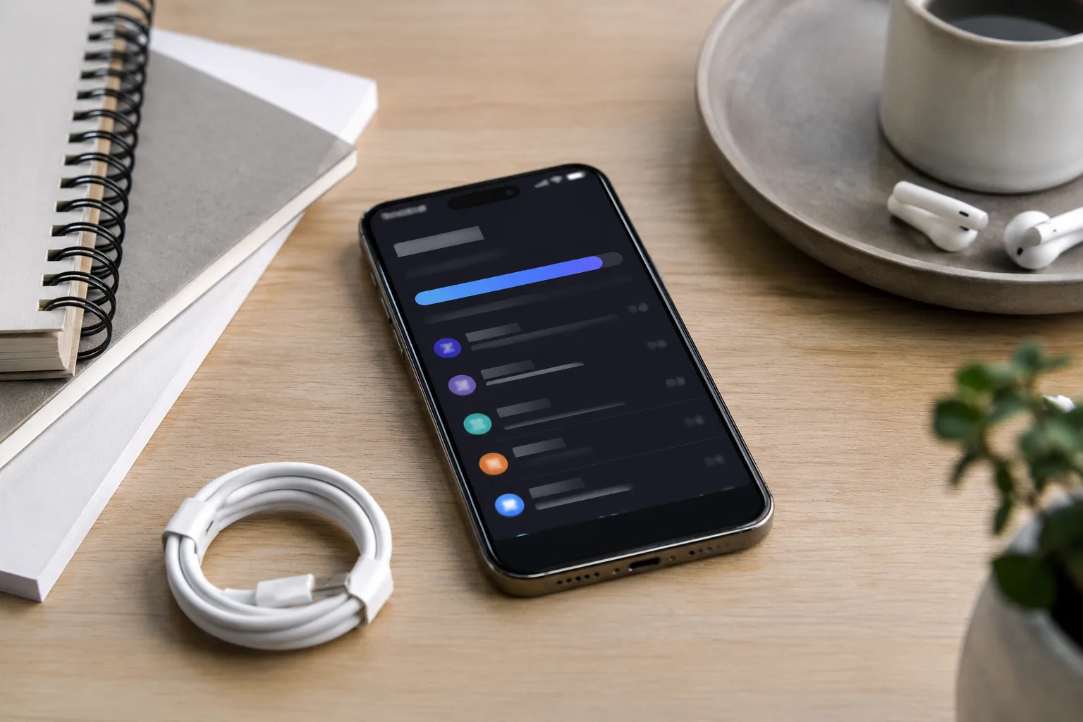Smartphone affichant un écran de stockage stylisé sur un bureau