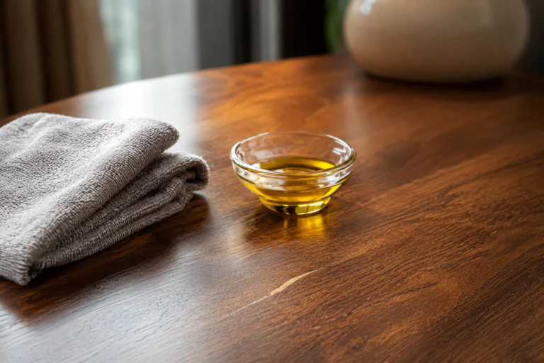 Rayure superficielle sur une table en bois avec chiffon doux